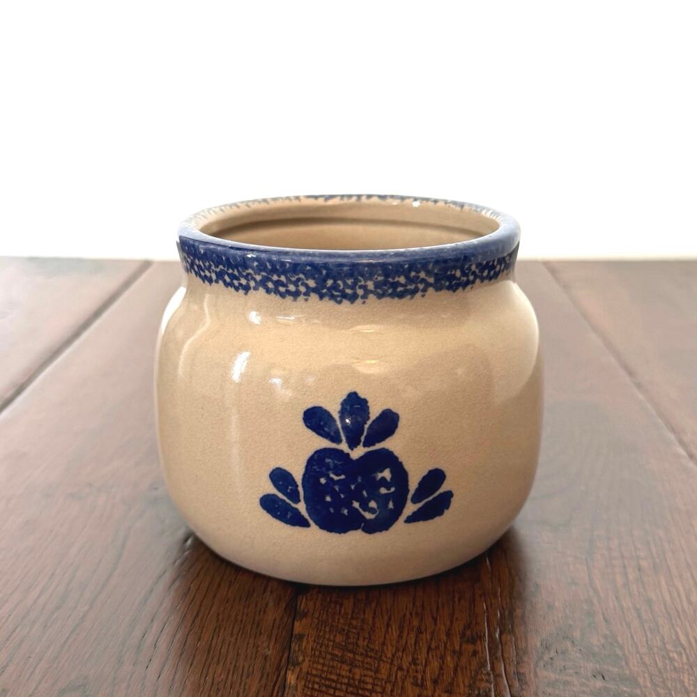 Vintage Loomco China Spongeware Pottery Jar, Blue and Cream Stoneware Canister